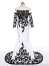 White Black Lace Appliques Mermaid Long Sleeves Satin Prom Dresses LBQ2072